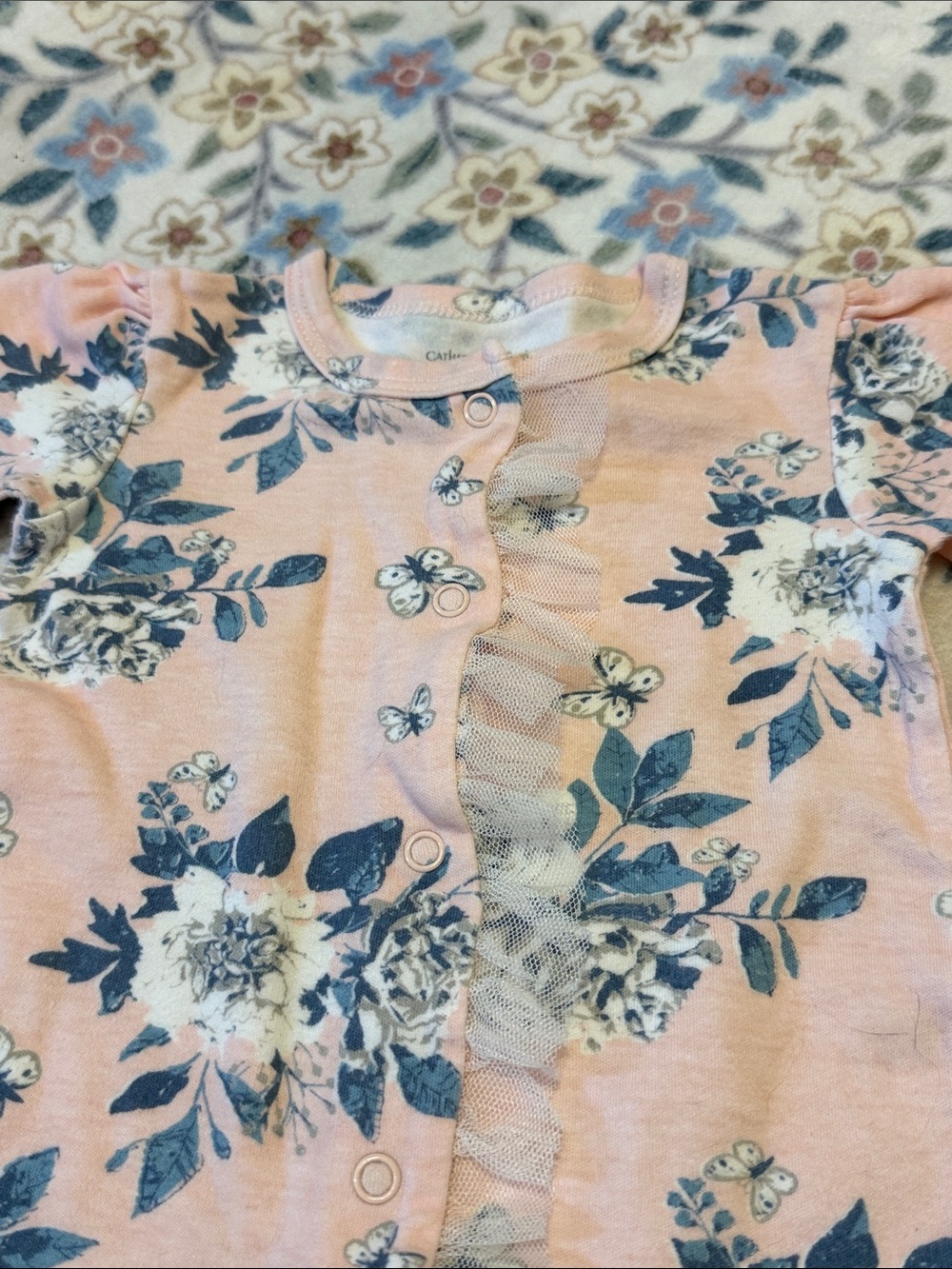 Baby Girls' Pink Floral Ruffle One-Piece Footed Sleeper - Picture 2 of 4